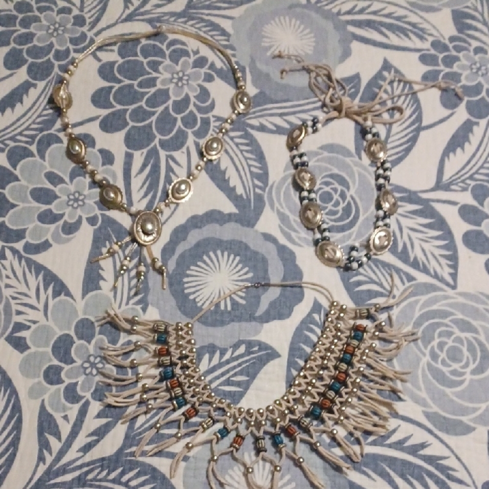 Native American Style Attire Necklace Set Beads Leather String Handmade Costume